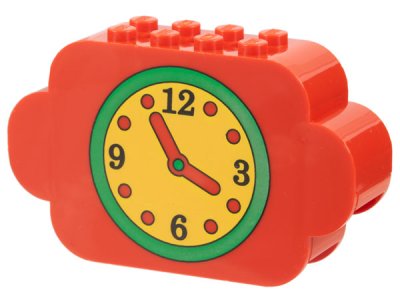 LEGO part Slope, Curved 8 x 2 x 4 Triple with 8 Studs with Yellow Clock Face with Green Border Pattern (6214pb01)