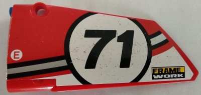 LEGO part Technic, Panel Fairing #17 Large Smooth, Side A with Number 71 and 'FRAME WORK' Pattern (Sticker) - Set 42000 (64392pb023)