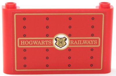 LEGO part Windscreen 1 x 6 x 3 with Gold 'HOGWARTS RAILWAYS', Hogwarts Logo, Rectangle Borders, and Black Rivets Pattern (Sticker) - Set 75955 (64453pb010)