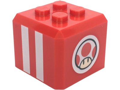 LEGO part Brick, Modified Cube, 4 Studs on Top with White Stripes and Super Mario Mushroom on Circle Pattern on All Sides (Super Mario Toad / Blue Toad Cap) (66855pb09)