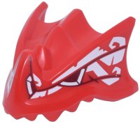 LEGO part Dragon Head (Ninjago) with Stepped Top, Horn and Pin Hole on Back with Dark Red Eye and Lines and White Spiral Markings Pattern 7243pb01