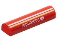 LEGO part Slope, Curved 1 x 4 x 2/3 Double with White and Yellow Stripes and Santander Logo Pattern 79756pb01