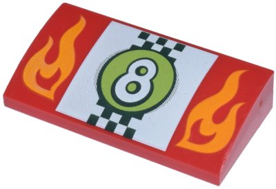 LEGO part Slope, Curved 2 x 4 x 2/3 with Bottom Tubes with Orange Flames, White Number 8 in Lime Circle over Checkered Flag Pattern (88930pb039)