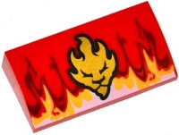LEGO part Slope, Curved 2 x 4 x 2/3 with Bottom Tubes with Flames and Gold Lion Head Pattern 88930pb067