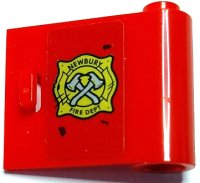LEGO part Door 1 x 3 x 2 Right - Open Between Top and Bottom Hinge with Gold 'NEWBURY FIRE DEPT' Badge and Crossed Silver Axes Pattern (Sticker) - Set 70436 92263pb008