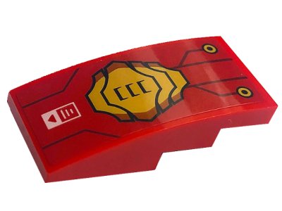 LEGO part Slope, Curved 4 x 2 with Gold Armor and Circles, Dark Red Lines, and White Rectangle with Red Arrow Pattern (Sticker) - Set 71773 (93606pb166)