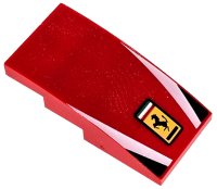 LEGO part Slope, Curved 4 x 2 with Yellow Ferrari Logo with Prancing Horse and Italian Tricolor, White Stripes, Black Triangle Pattern 93606pb209