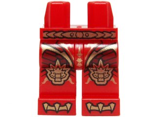 LEGO part Hips and Legs with Dark Red Armor with Scales and Gold Belt, Crocodile Knee Pads and Claws Pattern (970c00pb0321)