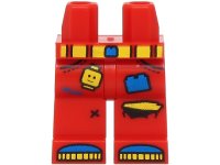 LEGO part Hips and Legs with Pockets, Torn Knee, Yellow and Blue Belt with Buckle, Minifigure Head, Brick and Shoe Tips Pattern (BAM) 970c00pb1748