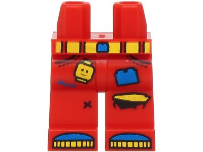 LEGO part Hips and Legs with Pockets, Torn Knee, Yellow and Blue Belt with Buckle, Minifigure Head, Brick and Shoe Tips Pattern (BAM) (970c00pb1748)