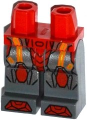 LEGO part Hips and Dark Bluish Gray Legs with Orange and Gold Circuitry, Red and Silver Armor and Red Knee Pads and Boots Pattern 970c85pb14