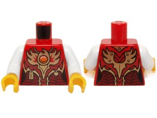 LEGO part Torso Female Vest with Dark Red and Gold Armor with Pendants, Scales, and Orange Round Jewel (Fire Chi) Emblem Pattern / White Arms / Yellow Hands (973pb1824c01)