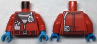 LEGO part Torso Town Prisoner, Jacket with Open Zipper and I.D. over Prison Stripes Pattern / Red Arms / Dark Azure Hands 973pb4593c01