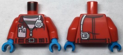 LEGO part Torso Town Prisoner, Jacket with Open Zipper and I.D. over Prison Stripes Pattern / Red Arms / Dark Azure Hands (973pb4593c01)
