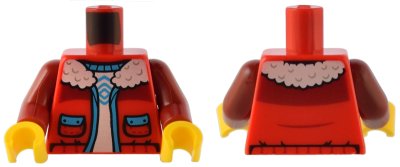 LEGO part Torso Jacket with White Fleece Collar, Dark Azure Trim and Pockets over White Shirt Pattern / Dark Red Arms / Yellow Hands (973pb5103c01)