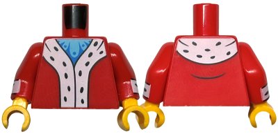 LEGO onderdeel Torso Coat with White Trim with Black Spots, Medium Azure and Blue Shirt Pattern / Red Arms with White Cuffs and Black Spots Pattern / Bright Light Orange Hands (973pb5191c01)