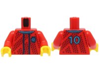 LEGO part Torso Soccer Uniform, Medium Azure and Dark Blue Collar, Dark Red Dotted Stripes, Soccer Ball on Brick Logo, Number 10 on Back Pattern (BAM) / Red Arms / Yellow Hands 973pb5247c01