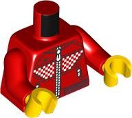LEGO part Torso Racing Jacket Black Stitching, Lines and Hem, White Zippers and Checkered Panels Pattern / Red Arms / Yellow Hands 973pb5375c01