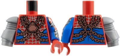 LEGO part Torso Silver Webbing, Copper Chains, Blue Side Panels Pattern / Blue Arm Left with Red Sleeve, Silver Webbing, Light Bluish Gray Wrappings, Dark Bluish Gray Cuff Pattern and Red Hand / Flat Silver Mech Arm Right (973pb6277c01)