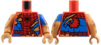 LEGO part Torso Spider-Man Costume Tattered, Black Spider and Webbing, Blue Side Panels, Medium Nougat Fur Behind Rips and Tears Pattern / Medium Nougat Arm with Molded Blue Short Sleeve and Printed Tear and Reddish Brown Fur Pattern Left / Medium Nougat Arm with R 973pb6281c01