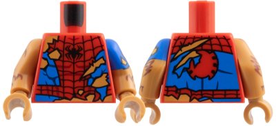 LEGO part Torso Spider-Man Costume Tattered, Black Spider and Webbing, Blue Side Panels, Medium Nougat Fur Behind Rips and Tears Pattern / Medium Nougat Arm with Molded Blue Short Sleeve and Printed Tear and Reddish Brown Fur Pattern Left / Medium Nougat Arm with R (973pb6281c01)