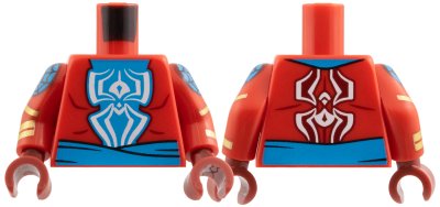 LEGO part Torso Jacket, Medium Azure Shirt and Sash, White Spider Pattern / Red Arms with Medium Azure Web Circle, Gold Rings Pattern / Dark Red Hands (973pb6283c01)