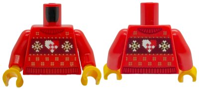 LEGO part Torso Knit Fair Isle Holiday Sweater with Dark Red Collar, Trim and Panel, Gold and White Snowflakes and Heart Pattern (BAM) / Red Arms / Yellow Hands (973pb6388c01)