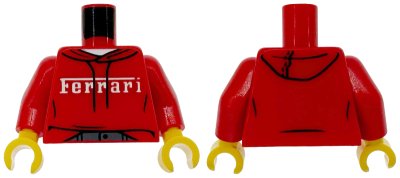 LEGO part Torso Hoodie with Black Drawstrings and Stitching, White Ferrari Logo and Undershirt, Dark Bluish Gray Pants Pattern / Red Arms / Yellow Hands (973pb6521c01)