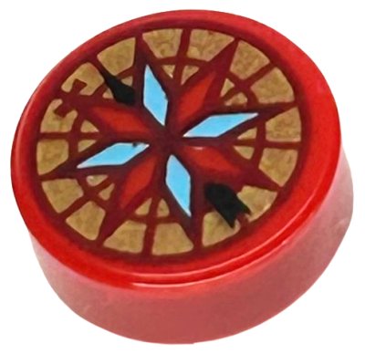 LEGO part Tile, Round 1 x 1 with Dark Red, Bright Light Blue and Gold Compass Pattern (98138pb370)