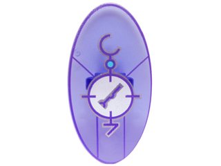 LEGO part Minifigure, Shield Elliptical with Dimensions Keystone Symbol with Large White Circle, Lines and Characters Pattern (92747pb09)