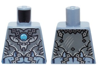 LEGO part Torso Chima Dark Bluish Gray Armor, Silver Buckles, Bat Pendant and Dark Azure Round Jewel (Chi) Pattern (973pb1629)