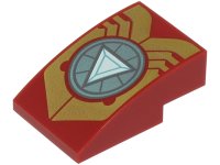 LEGO part Slope, Curved 3 x 2 with Gold Iron Man Armor Plates and Metallic Light Blue Circle Arc Reactor with White Triangle Pattern 24309pb050