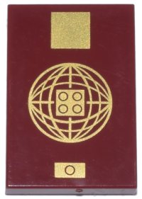 LEGO part Tile 2 x 3 with Passport Cover with Gold Square, Sphere with Lines and 2 x 2 Studs, and Biometric Symbol Pattern 26603pb509