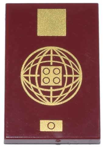 LEGO part Tile 2 x 3 with Passport Cover with Gold Square, Sphere with Lines and 2 x 2 Studs, and Biometric Symbol Pattern (26603pb509)