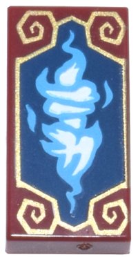 LEGO part Tile 1 x 2 with Dark Azure Mirrored Dragon Heads with White Ninjago Logogram 'TB' on Dark Blue Panel with Gold Frame with Spirals Pattern 3069pb1393