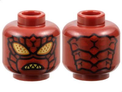 LEGO part Minifigure, Head Alien Insect with Gold Eyes with Dark Orange Dots, Exoskeleton Segments and Mandibles with Red Spikes, Angry Bared Sharp Teeth Pattern (3626pb3784)