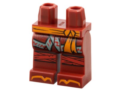 LEGO part Hips and Legs with Orange Sash and Toes, Sand Blue Hems and Red Knee Wrapping Pattern (970c00pb1601)