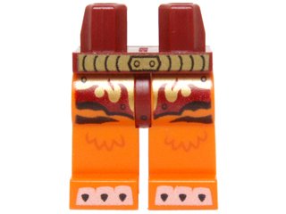 LEGO part Hips and Orange Legs with Dark Red and Gold Loincloth, Gold Belt and White Claws Pattern (970c04pb05)