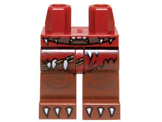 LEGO part Hips and Reddish Brown Legs with Dark Red Loincloth, Belt with White Spikes and White Claws Pattern (970c88pb09)