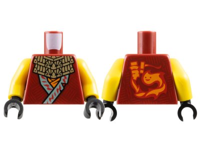 LEGO part Torso Tunic, Sand Blue Hems, Dark Tan Collar and Orange Flame Logo on Back Pattern / Yellow Arms / Black Hands (973pb5558c01)