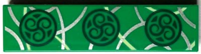 LEGO part Tile 1 x 4 with Dark Green Ornate Symbols and Silver Curved Lines Pattern (BrickHeadz Minerva McGonagall Trim) (2431pb0784)