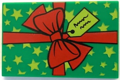 LEGO part Tile 2 x 3 with Present / Gift with Red Ribbon with Bow, Lime Gift Tag and Stars Pattern (BAM) (26603pb461)