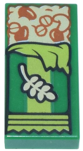 LEGO part Tile 1 x 2 with Tan Granola Bar with Reddish Brown Grains and Seeds and Lime Wrapping Pattern (3069pb1264)