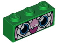 LEGO part Stein 1 x 3 mit Katzengesicht, breiten Augen, lächelndem offenem Mund mit einem Zahn, grüner Dinosaurier-Maske mit weißen Zähnen Muster (Dinosaur Unikitty) 3622pb078