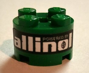 LEGO part Brick, Round 2 x 2 with Axle Hole with White 'POWERED BY allinol' on Black Background Pattern (Sticker) - Set 8206 (3941pb13)