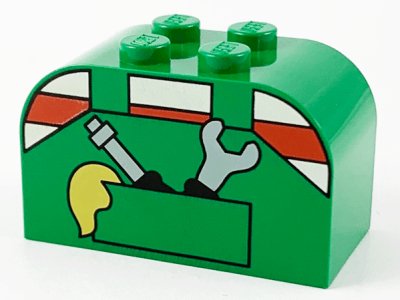 LEGO part Slope, Curved 4 x 2 x 2 Double with 4 Studs with Overalls and Tools in Pocket Pattern (4744px41)