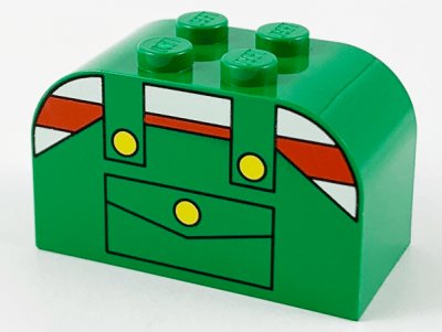 LEGO part Slope, Curved 4 x 2 x 2 Double with 4 Studs with Overalls with Pocket and Yellow Buttons over Shirt with Red and White Stripes Pattern (4744px7)