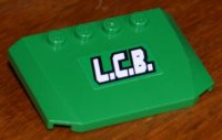 LEGO part Wedge 4 x 6 x 2/3 Triple Curved with White 'L.C.B.' Pattern (Sticker) - Set 7998 52031pb078
