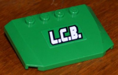 LEGO part Wedge 4 x 6 x 2/3 Triple Curved with White 'L.C.B.' Pattern (Sticker) - Set 7998 (52031pb078)