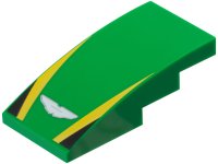 LEGO part Slope, Curved 4 x 2 with Silver and White Aston Martin Logo, Yellow Stripes, Black Triangles Pattern 93606pb206